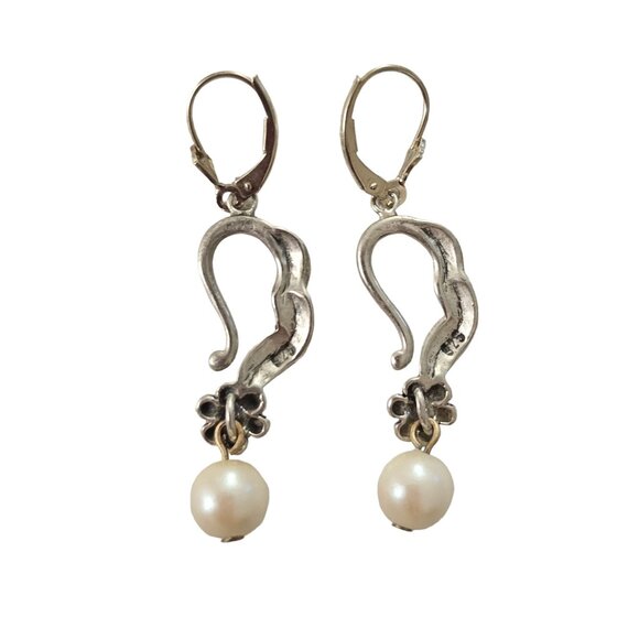 Sterling Silver Leaf Scroll Flower White Bead Dangle Lever Back Earrings, L90 - Picture 3 of 5